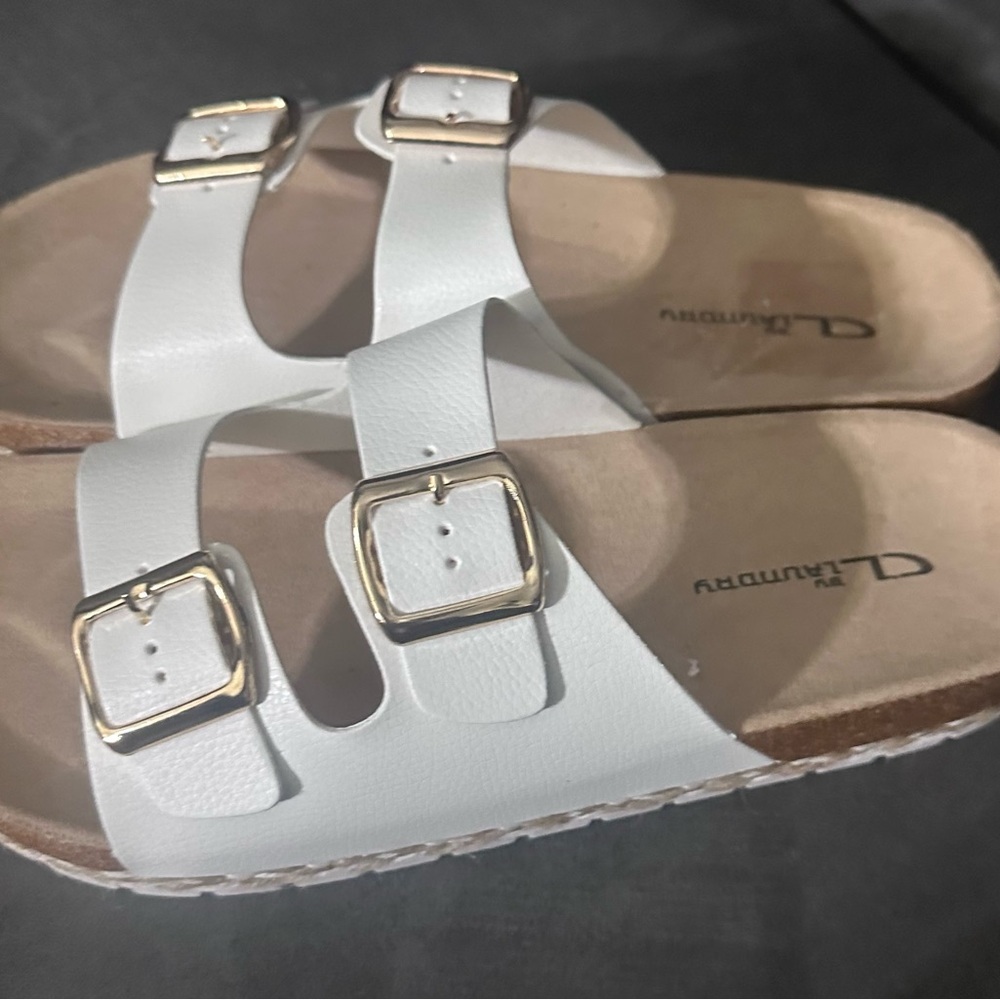 White Sandals with Gold Buckles